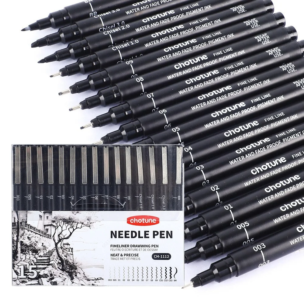 Correction Pen Fine - Schwarze Mikrostifte, 15 Größen, wasserfeste Archivtinte,